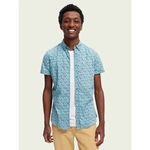 New Scotch & Soda Mens Blue Poplin Short Sleeve Slim Fit Button Down Shirt Large